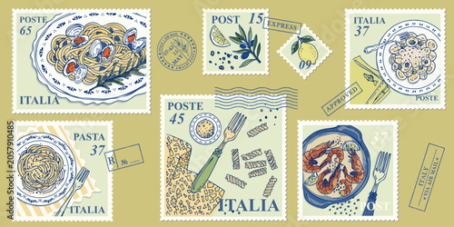 Italian pasta postage stamp collection with seafood spaghetti olives and shrimp