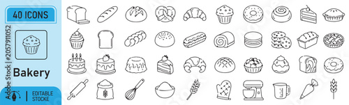 Quadro su tela 40 Bakery Vector Outline Icons Set – Bread, Pastry, Dessert, Baked Goods and Bak