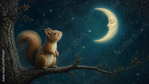 Ein Eichhörnchen sitzt auf einem Ast und schaut den Mond an
