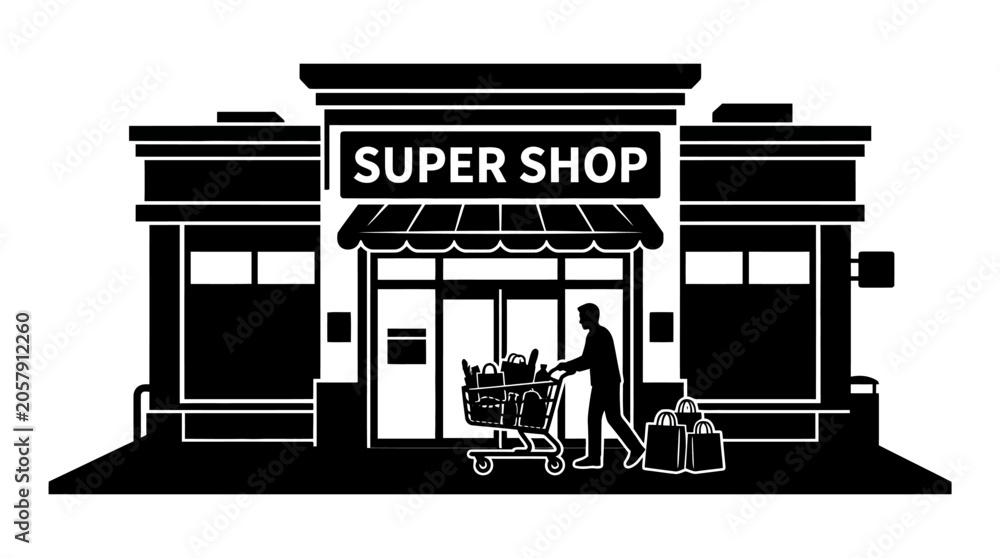 Fototapeta premium Super shop storefront silhouette with shopper and grocery cart