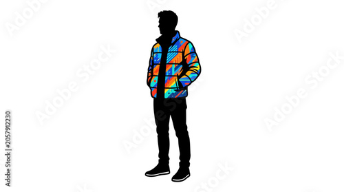 Cuadro en lienzo Silhouette of a person wearing a colorful puffer jacket against a white backgrou