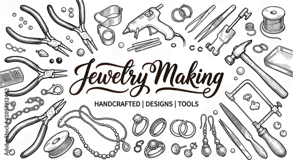 Fototapeta premium Jewelry Making and Handcrafted Design Element Vector Set Featuring Pliers Wire Cutting Tools Beads Rings Necklaces Earrings Glue Gun and Silversmith Crafting Equipment