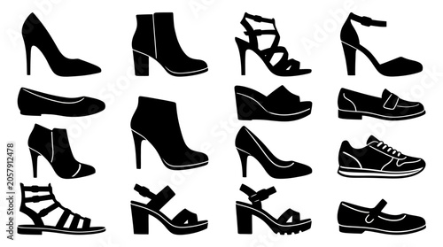Cuadro en lienzo Shoe Silhouettes On White Background A Collection Of Footwear Styles