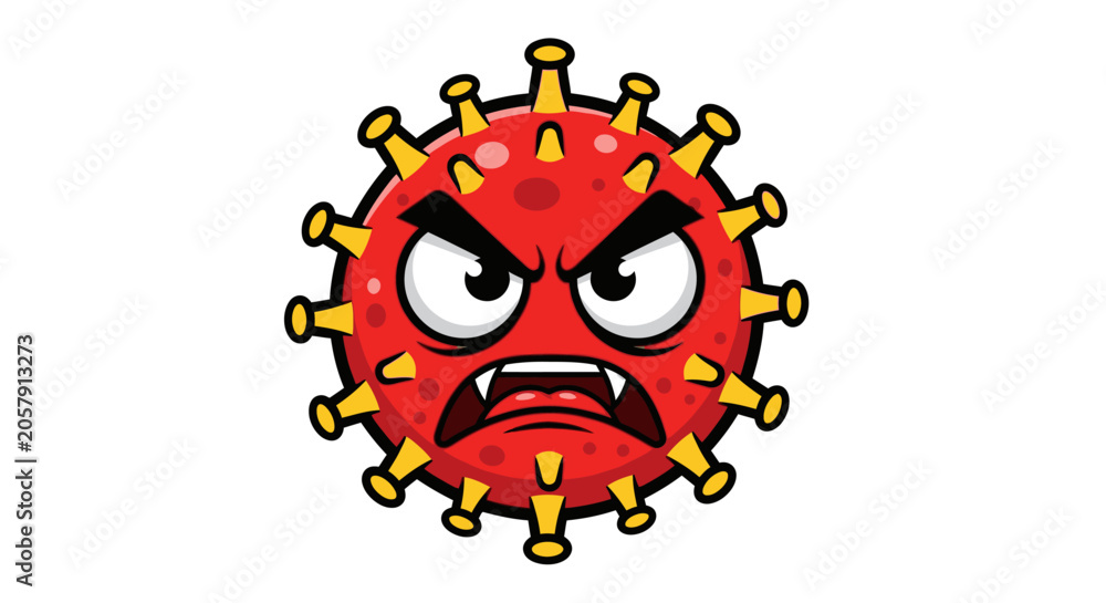 Naklejka premium Angry cartoon virus cell face closeup.