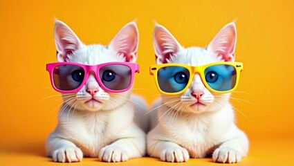 Two white kittens wearing colorful sunglasses pose against a bright yellow background, showcasing playful expressions and vibrant accessories in a fun setting
