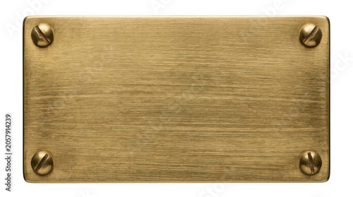 Brushed brass metal plate isolated on transparent background blank