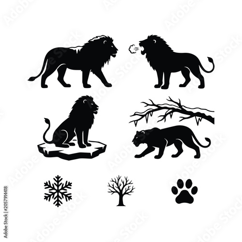 Foto Male lion silhouettes in natural poses with rocks and sunset background icons