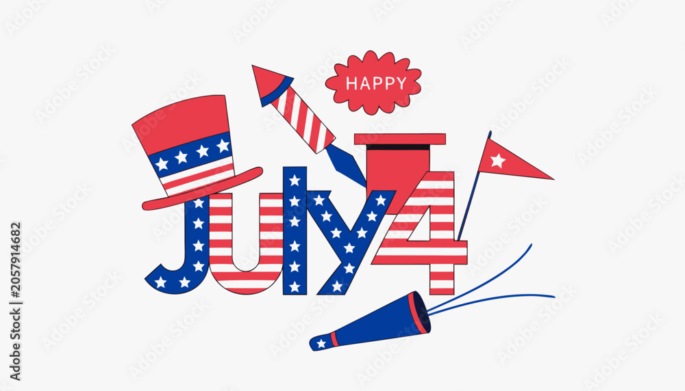 Obraz premium Patriotic July 4th, Independence Day, American flag, festive icons, red white blue
