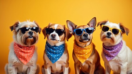 Four dogs wearing sunglasses and colorful bandanas sit in front of a bright yellow background, showcasing their playful and stylish appearance in a fun pet portrait