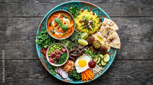 Gourmet International Fusion Food Platter with Curry and Poke Bowl