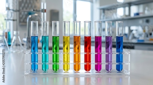 Row of Colorful Test Tubes with Rainbow Liquids in Laboratory