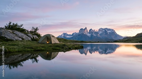 Camping at Sunrise in Torres del Paine National Park Patagonia Chile