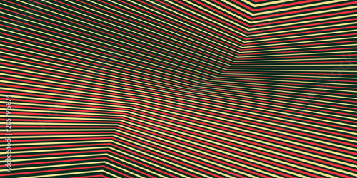 Abstract geometric Christmas background with distorted red yellow and green stripes in perspective