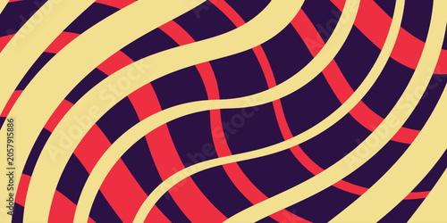 Abstract wavy geometric background with curved lines and festive red yellow stripes for modern holiday design.