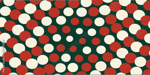 Festive Christmas polka dot background with red and cream circles on dark green backdrop.