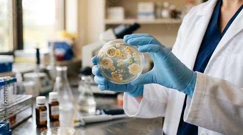 Scientist Holding Petri Dish with Bacterial Cultures in Laboratory