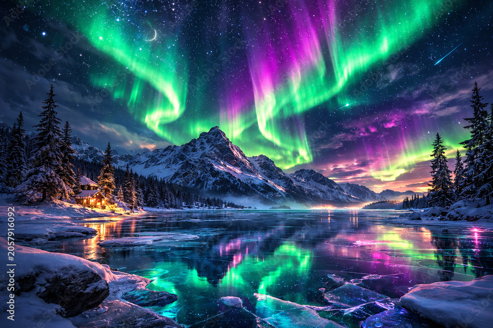 Fototapeta premium Wide Angle Northern Lights Over Frozen Patterned Lake and Winter Cottage