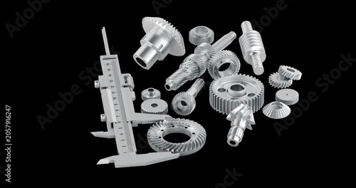 Precision metal gears shafts and vernier caliper rotation animation seamlessly loopable. 3D rendering isolated on transparent background