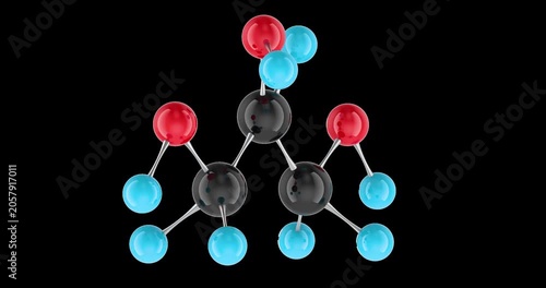 Glycerin molecule rotation animation seamlessly loopable. 3D rendering isolated on transparent background