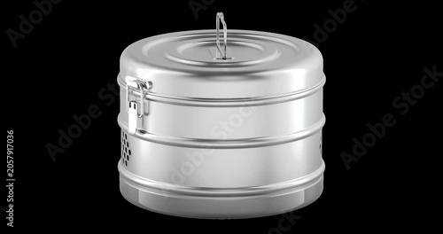 Medical stainless steel sterilization drum rotation animation seamlessly loopable. 3D rendering isolated on transparent background