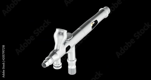 Metal airbrush spray gun rotation animation seamlessly loopable. 3D rendering isolated on transparent background