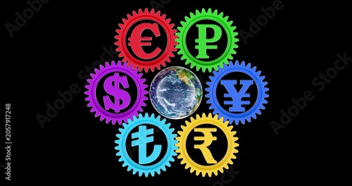 Global currency gears around earth rotation animation seamlessly loopable. 3D rendering isolated on transparent background