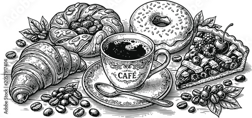 Bild auf Leinwand A detailed engraving of assorted pastries and coffee served on a cafe table duri