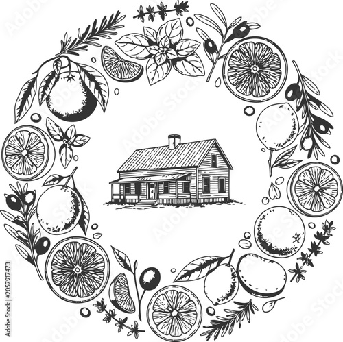 Tableau sur toile A rustic watermill building rendered in a detailed engraving style encircled by