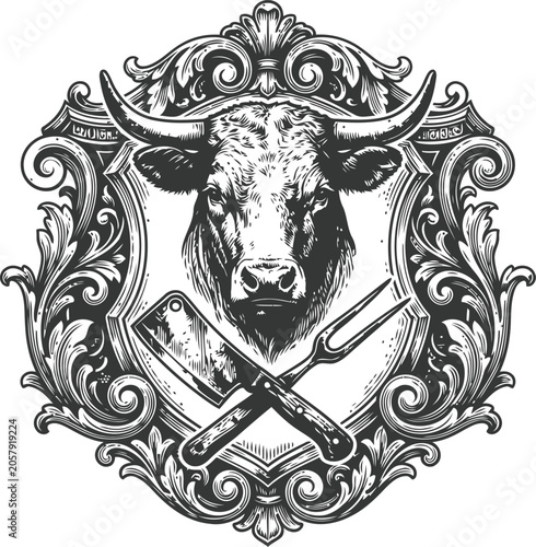 Bull head in ornate frame with butcher tools engraving during a rustic harvest concept in detailed illustration style