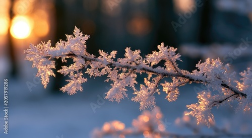 Frosted branch sparkles with icy crystals against soft golden sunrise