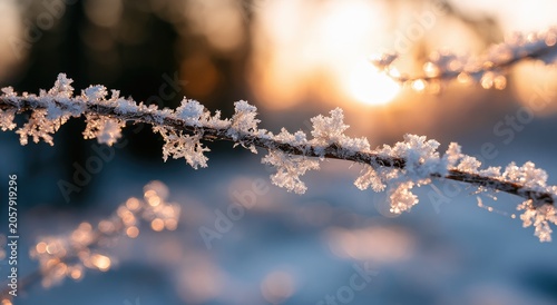 Sunlit frost crystals sparkle on a delicate winter branch