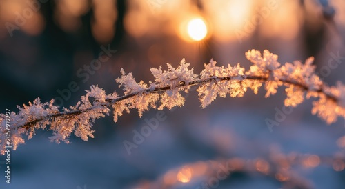Delicate ice crystals adorn a frosted branch against a warm sunset glow