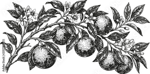 Fotografie Citrus branch with ripe oranges and blossoms detailed in an antique engraving st