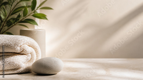 Spa self-care still life with folded towel smooth stone warm neutral