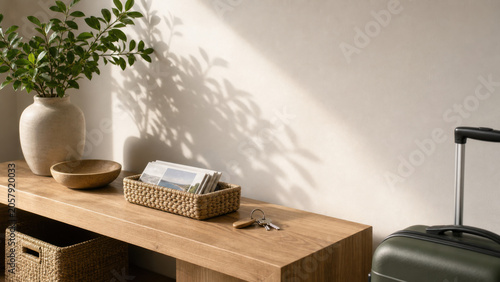 Short-term rental welcome scene with clean tabletop plant shadow