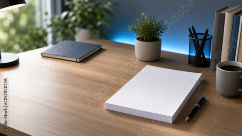 Business training background with clean desk blank paper stack
