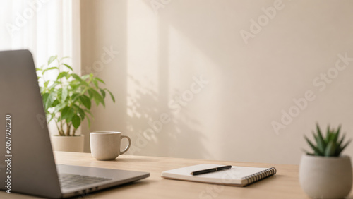 Remote meeting setup with blurred laptop edge empty wall