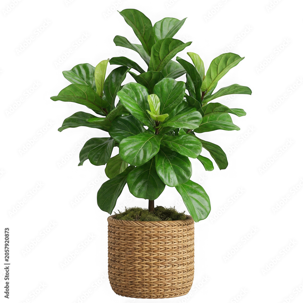 Naklejka premium Small fiddle leaf fig plant inside a woven basket pot