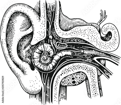Fényképezés Detailed engraving of the human ear anatomy with cochlea and auditory canal for