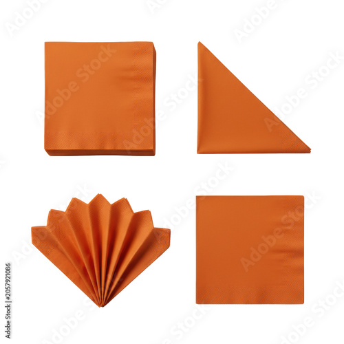 Four vibrant orange (tangerine hue) disposable paper napkins in stack, triangle, fan, and bi-folds on a stark white background, flat lay. Concept for commercial product display.