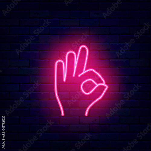 Human hand chef pose neon icon. Yummy sign. Command work. Restaurant emblem on brick wall. Shiny flyer. Editable stroke. Vector stock illustration