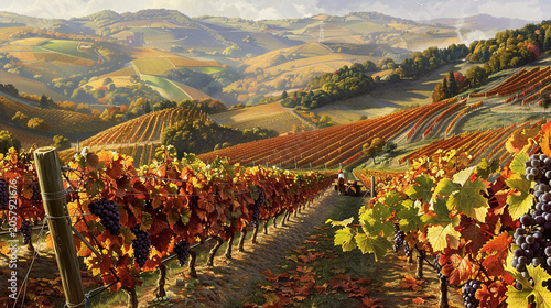 Autumn vineyard landscape with rows of grapevines and rolling hills
