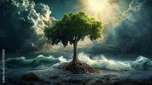 A resilient tree standing firm amidst a stormy ocean with crashing waves