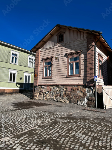 Traditional Old Wooden Finnish Houses on Medieval Street in Porvoo (Borgå) Finland. 