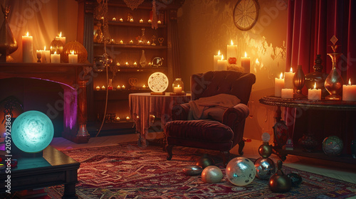 Cozy mystical room interior with candles and glowing crystal balls