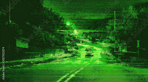 Night Vision Street Surveillance Military Green Urban Reconnaissance Tactical Security Dark Cinematic Dramatic