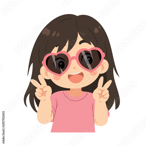 Cute little girl cartoon character wearing heart-shaped sunglasses, smiling happily, and showing peace signs with both hands. Kawaii flat vector illustration isolated on a white background.