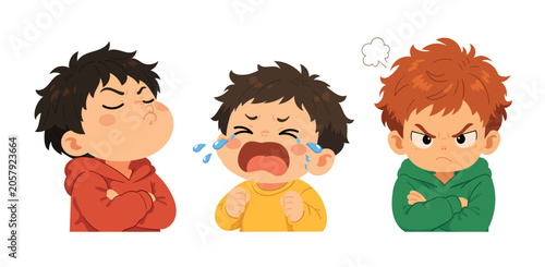 Three cute little boy cartoon characters showing different emotions, including confidence, sadness, and anger. Kawaii flat vector illustration set isolated on a white background.