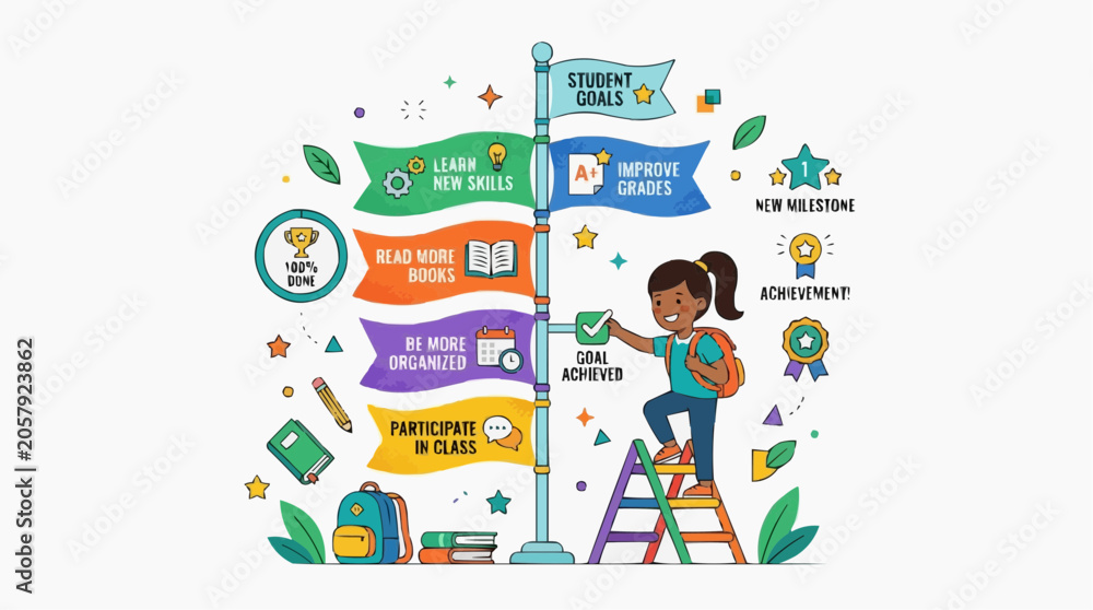 Naklejka premium Setting Goals for Success: A young girl stands on a ladder, reaching for a signpost adorned with flags representing various student goals, educational achievements, and academic milestones.