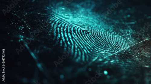 Fingerprint Macro Teal Glowing Forensic Biometric Dark Texture Cybersecurity Identity Digital Investigation Close-Up